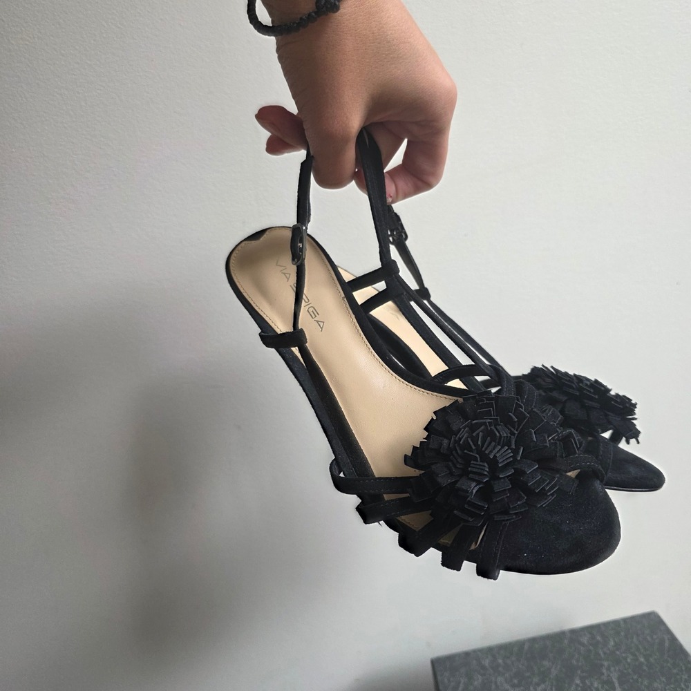 Via Spiga V-Thai Black Suede Rosette Slingback Kitten Heels Sandals 7.5M
